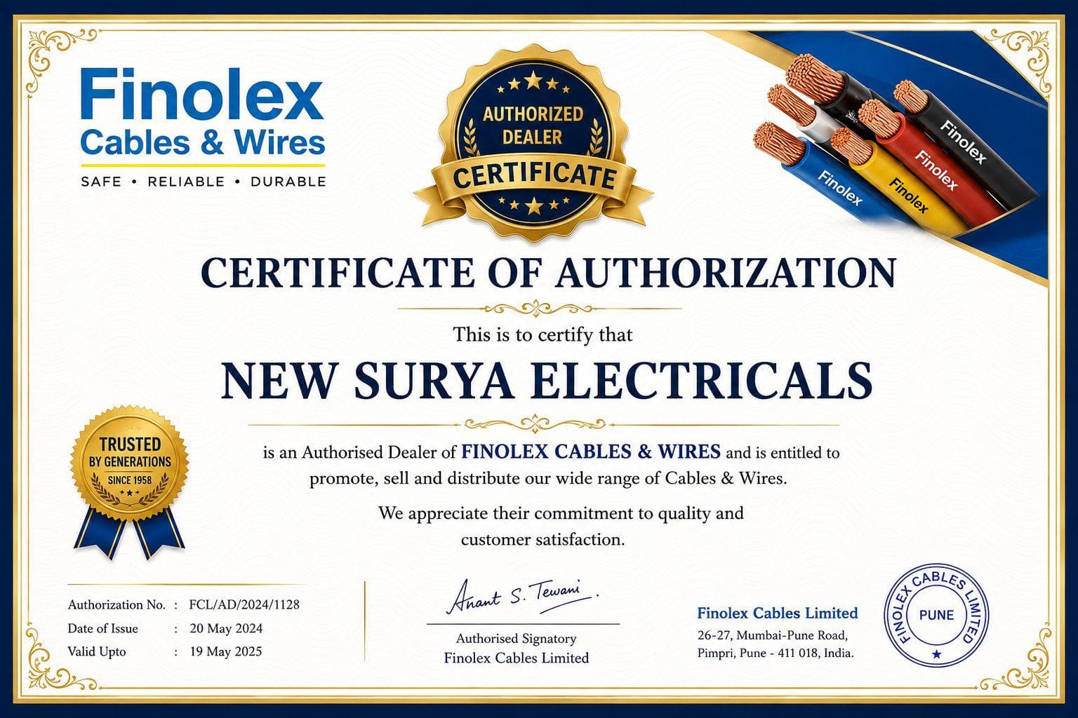 Finolex Authorised Dealer Certificate