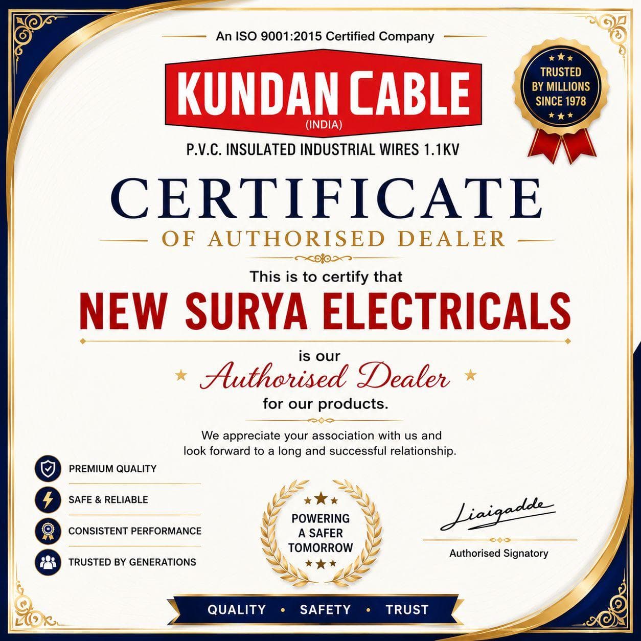 Kundan Cable Authorised Dealer Certificate