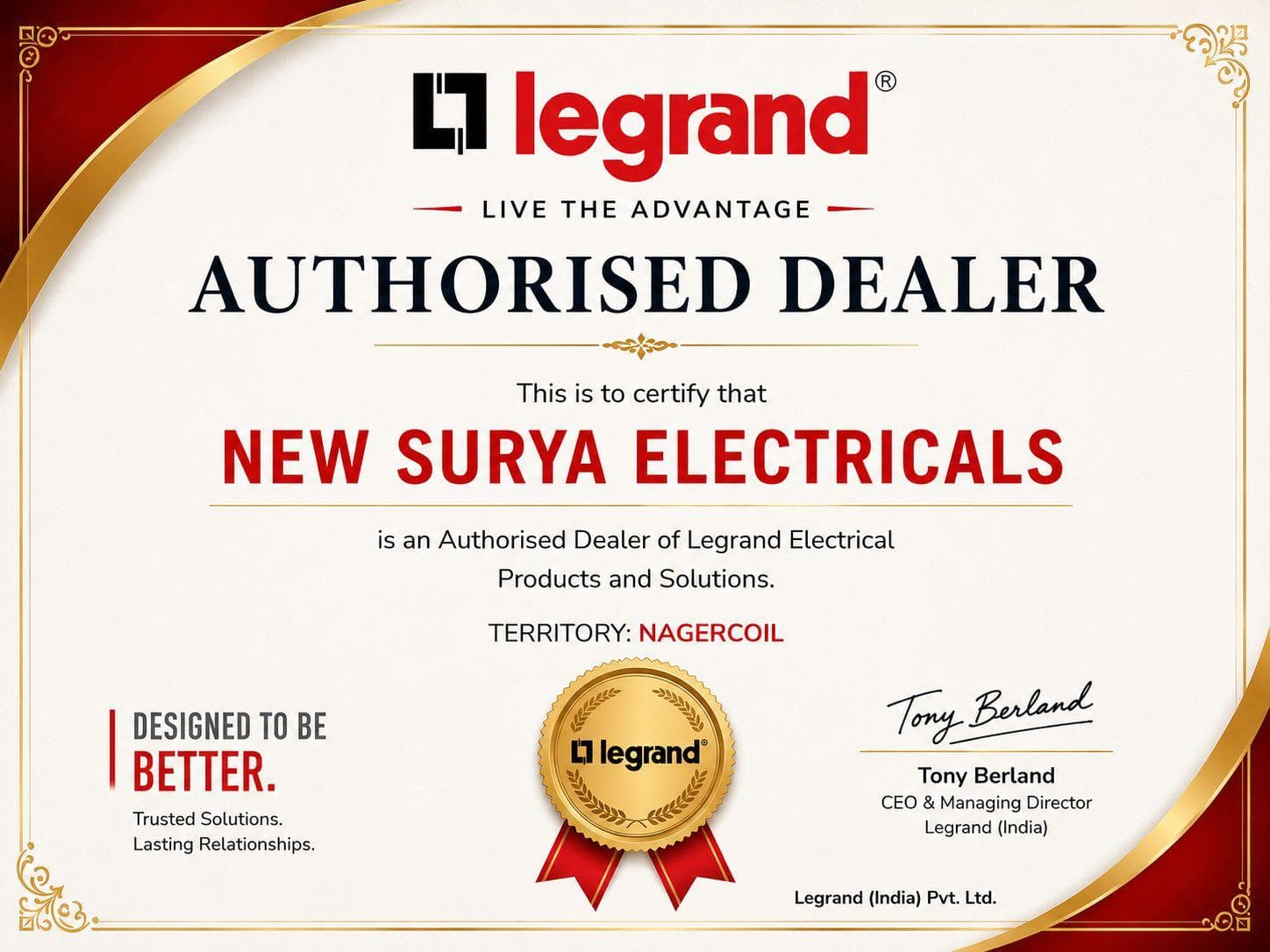 Legrand Authorised Dealer Certificate